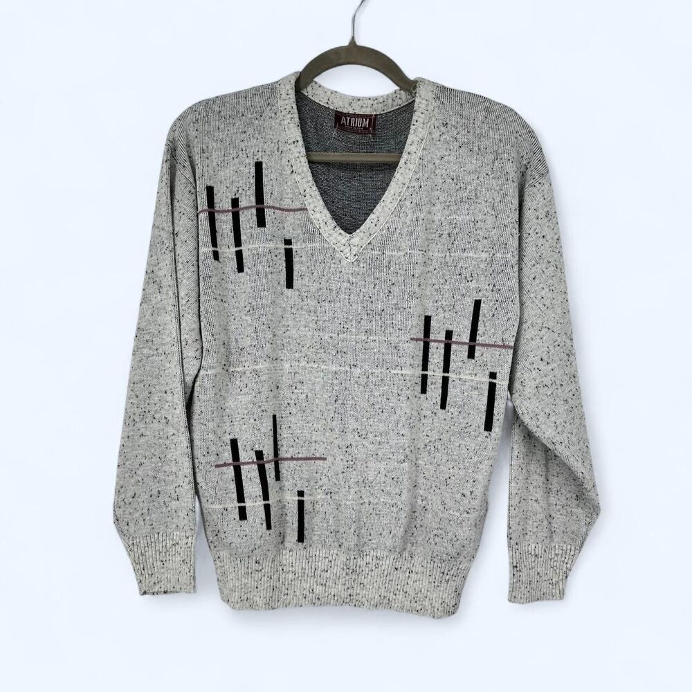 Grey Flecked Knit Made in USA Abstract Geometric Vintage 1990’s V Neck Sweater
